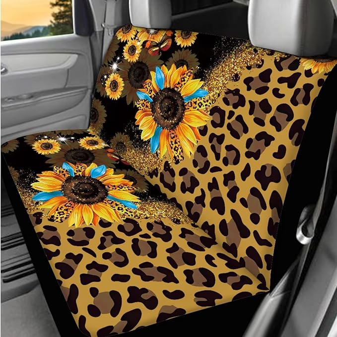 Dngkaoje Leopard Sunflower Car Seat Covers Full Set 13 Pcs Hippie Sunflower Car Accessories Set with Hanging Trash Can,Seatbelt Shoulder Pads,Steering Wheel Covers,Fit for Most Truck SUV