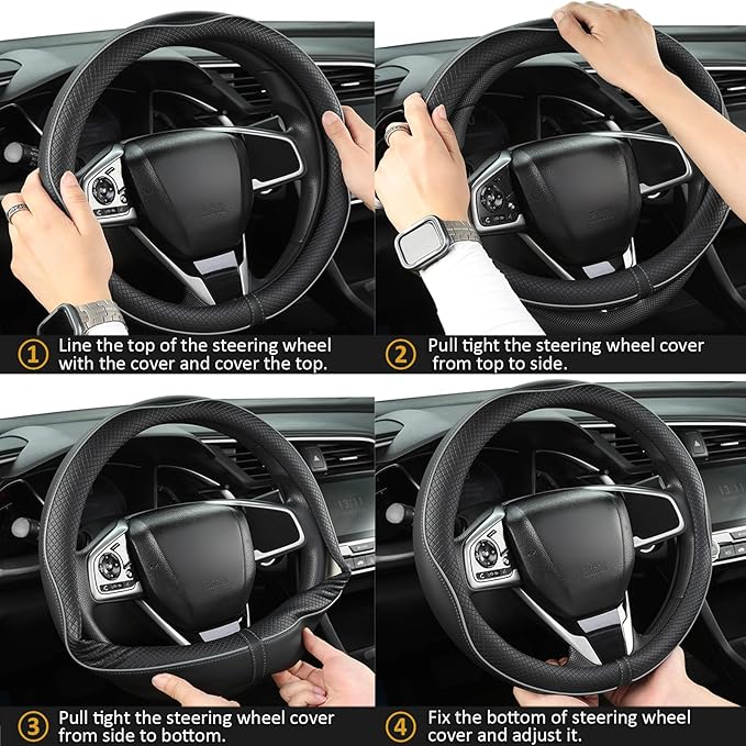 West Llama Microfiber Leather Car Steering Wheel Cover for Chevy Silverado,Tahoe,Equinox,Traverse,Trailblazer,Colorado (Black+Gray Line - Standard Size)