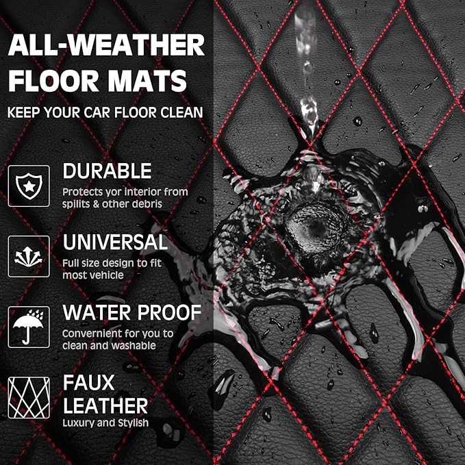 CAR PASS Faux Leather Floor Mats for Cars, Luxury Waterproof All Weather Car Mats Full Set, Anti-Slip Deluxe Automotive Mats Universal Fit for Most SUV Vans Sedans Trucks, 4 Piece Black and Red