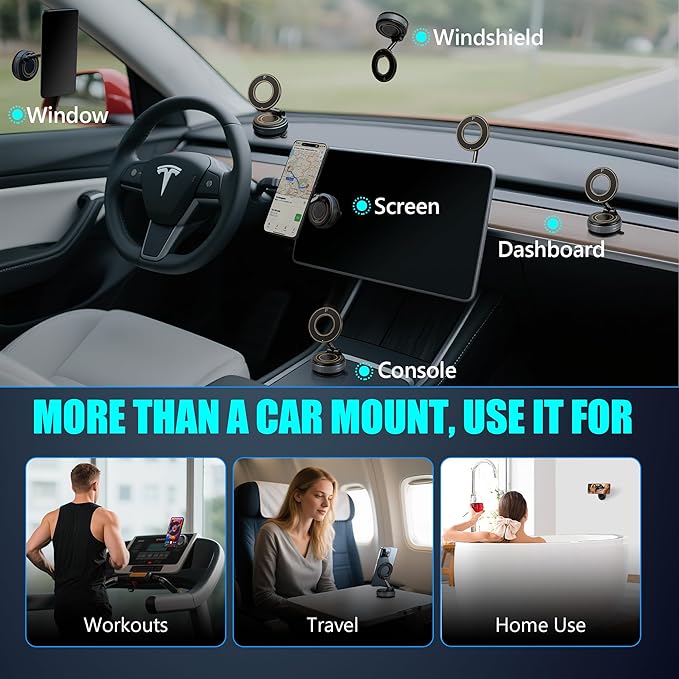 Magnetic Vacuum Phone Holder for Car – Adjustable 360° Strong Suction Mount, MagSafe Compatible Car Mount, iPhone Holder for Dashboard & Windshield, Adsorption Stand for iPhone & Samsung Smartphones