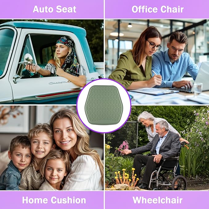 Thin Gel Seat Cushion for Car Seat, Office Chair, Wheelchair, Golf Cart - Non-Slip Car Seat Cushions with 0.7 Inch Gel - Sciatica & Coccyx Pain Relief (Fabric, Green)