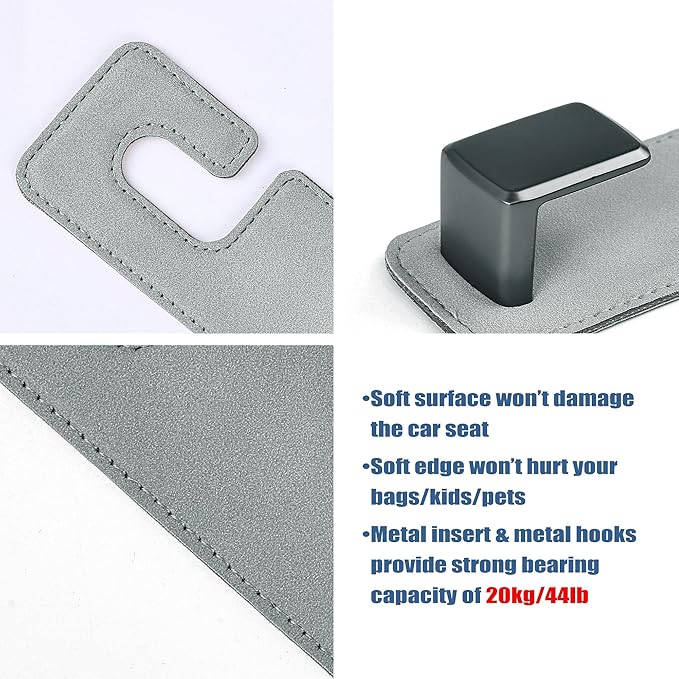 Amooca Car Seat Back Hook Universal Auto Storage Hanger Suede with Metal Car Seat Organizer for Handbag Purse Coat Umbrellas Grocery Bags 2 Pack Light Gray
