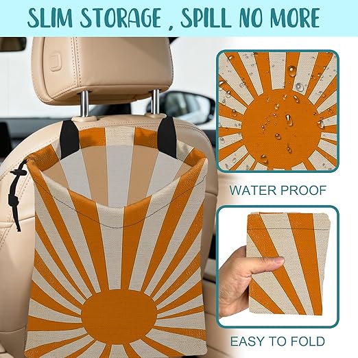 KXWQTRDD Car Trash Bag Retro Orange and White Sunray Leak-Proof Car Garbage Bag with Drawstring Foldable Canvas Trash Bin with Adjustable Buckle for Car Accessories, Travelling, Camping