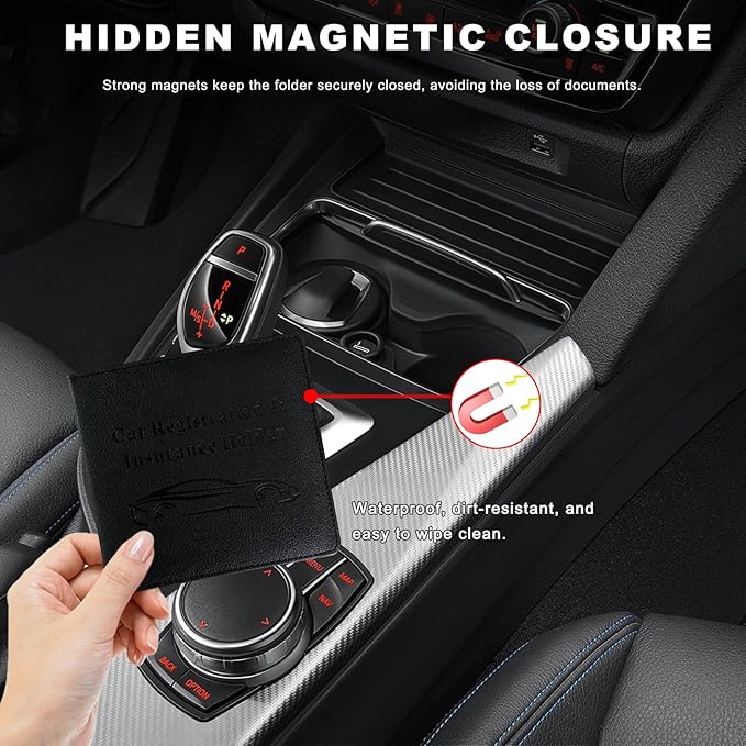 Car Registration and Insurance Holder, Waterproof Auto Glove Box Document Organizer with Magnetic Closure, Leather Car Document Wallet Case for ID Cards Driver License Paperwork (Black)