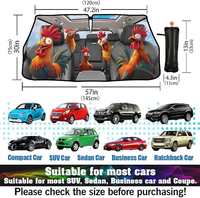 DOPINDU Funny Rooster Car Windshield Sun Shade Umbrella Bendable Handle Foldable Animals Chicken Sunshade for Car Windshield Block UV Rays Keep Vehicle Cool for Most Sedans SUV Trucks Cars 57"x30"