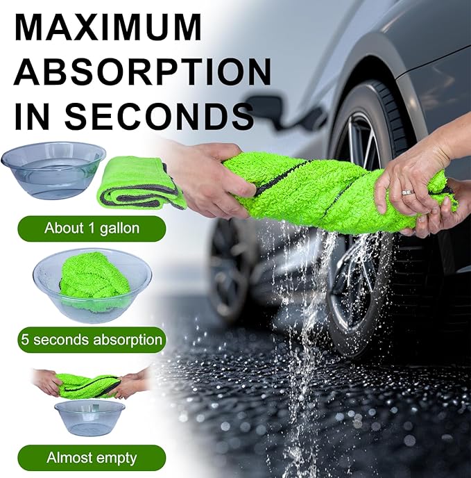 Singrune 2 Pack XL Car Drying Towel – 1300GSM Ultra Absorbent Microfiber, 24"x36" Large Size, Twisted Loop, Lint-Free & Streak-Free for Auto Detailing, Car, SUV, Truck (Gray-Green)