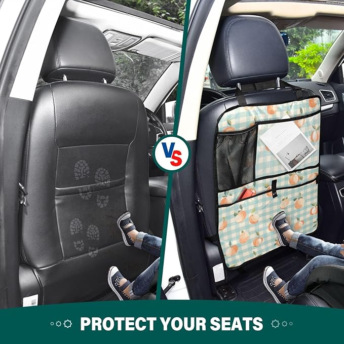 2 Pack Back Seat Car Organizer with Storage Pockets Kick Mats Back Seat Protector Hanging Car Organizer Automotive Seat Back Cover Organizers Peaches Plaid Vacation Style Blue