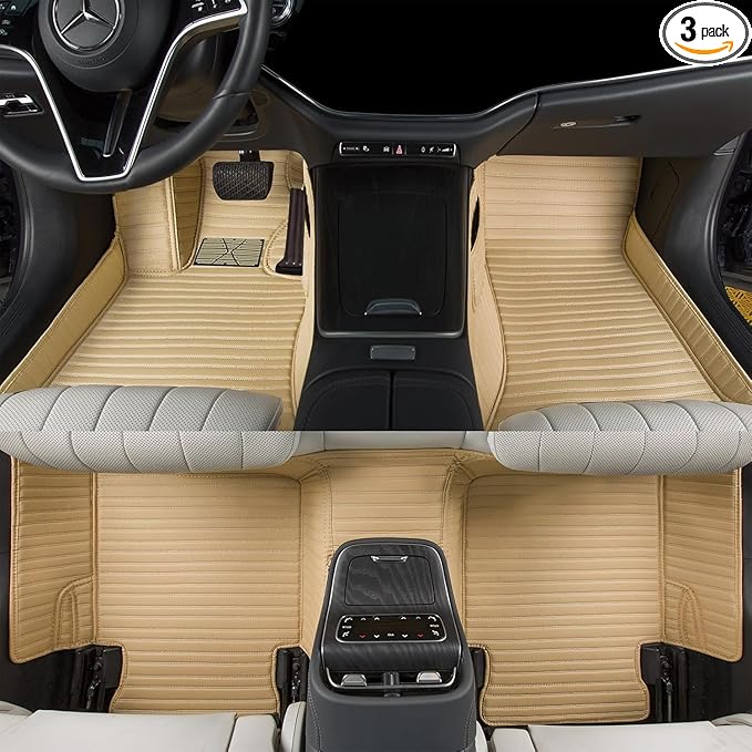 Floor Mats for Cars, All-Weather Mats, Waterproof Trim-to Fit Automotive Floor Mats for 99.9% Cars Sedan Trucks SUV, Custom Floor Liner Car Accessories (Beige Stripe)