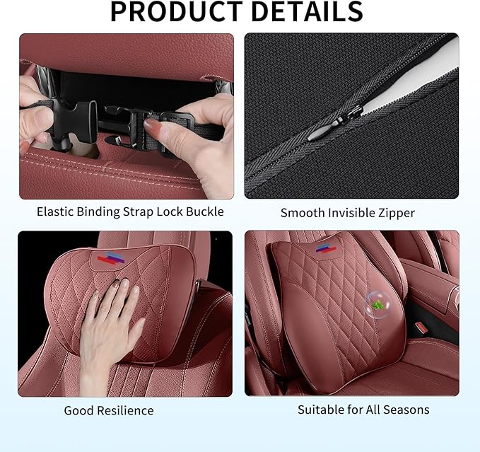Anti-Stain Nappa Leather Car Neck Pillow for BMW New X3 X5 X2 X4 X1 X6 X7 2 3 4 5 7 Series Headrest Neck Pillow, Soft Memory Foam Headrest with Lumbar Support Accessories(Tacora Red-bm-2 pcs)