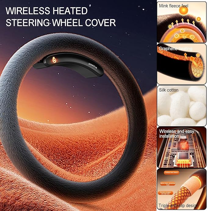 Wireless Heated Steering Wheel Cover, 15" Steering Wheel Warmer with Non-Slip Lining, for Cars Trucks SUVs(-20-0℃ Type D)