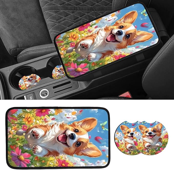 JANENFNA Car Armrest Cover Pads Universal Fashion Cute Auto Center Console Armrest Cover Pad with 2PCS Car Coasters Soft Waterproof Car Armrest Seat Protector for Women,Cute Puppy