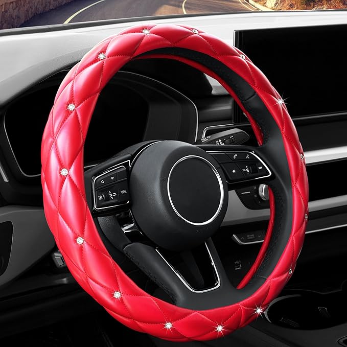 YOGURTCK Cute Diamond Soft Leather Anti-Slip Steering Wheel Cover with Bling Bling Crystal Rhinestones, Universal 15 Inch for Women Girls, Fit Vehicles, Sedans, SUVs, Vans, Trucks - Red