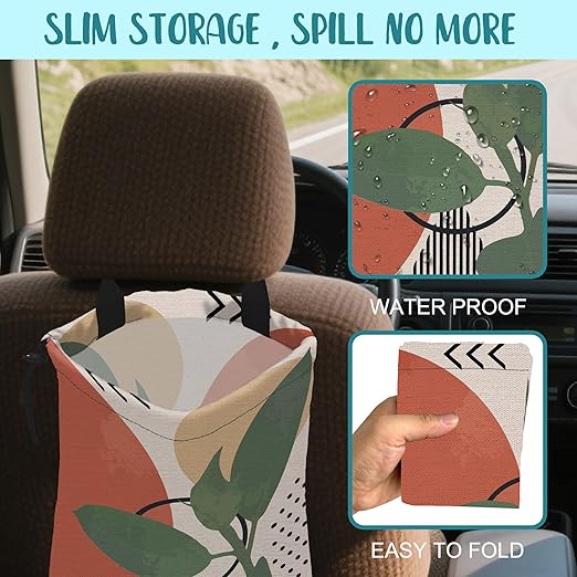 KXWQTRDD Car Garbage Bag Vintage Ink Floral and Geometric Drawstring Car Trash Bag Hanging for Back Seat with Adjustable Buckle Canvas Vehicle Trash Can Easy-to-Install