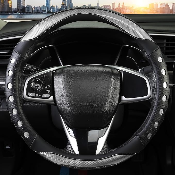 QCYP PU Leather Car Steering Wheel Cover with Anti-Slip Grip, for Women and Men, Universal Fit for 14.5-15 Inch Cars, Trucks, SUVs (Gray (Round), Medium(Standard) Size[14 1/2''-15''])