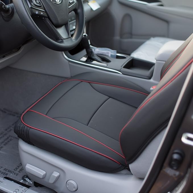 FH Group Front Set Faux Leather Car Seat Cushions - 2 Pack Seat Covers for Cars Trucks, SUV, Waterproof Car Seat Cover, Universal Fit, Black Red Trim