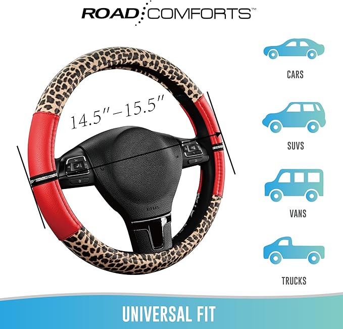 Road Comforts Leopard Steering Wheel Cover - Made with PVC Leather Cheetah Print - Anti-Slip, Universal Fit 14 1/2 inches to 15 inches - Red