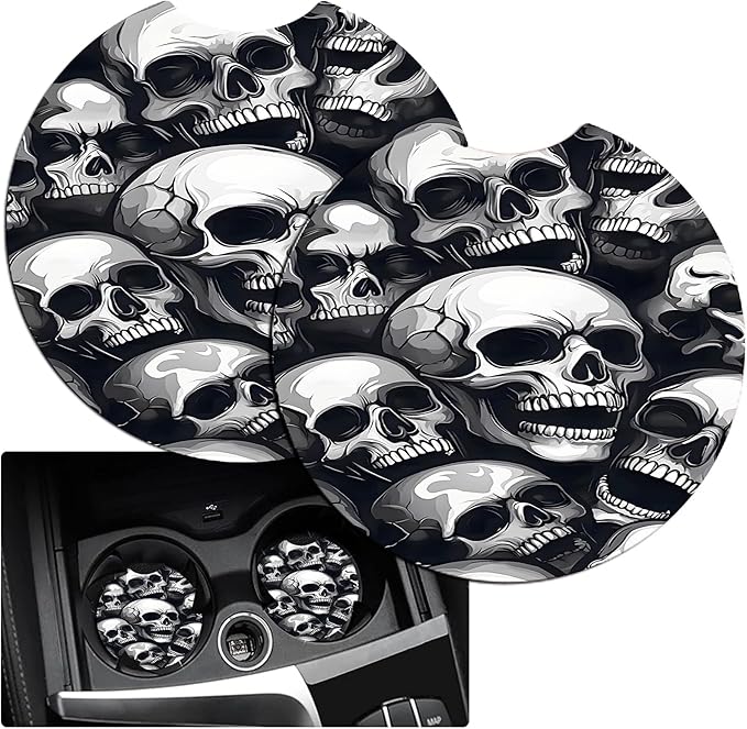 JANENFNA Car Armrest Cover Pads Universal Fashion Cute Auto Center Console Armrest Cover Pad with 2PCS Car Coasters Soft Waterproof Car Armrest Seat Protector for Women,Pile of Skulls