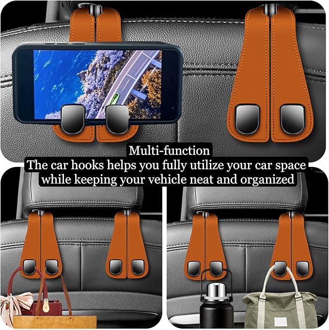 2 Packs Car Seat Hooks, Leather Car Headrest Hook, Car Purse Hook Seat Back Hanger Storage Organizer, Car Hook for Purses and Bags(Brown)
