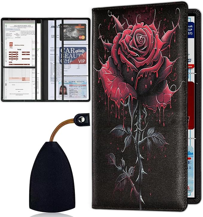 Car Registration Holder, Waterproof PU Leather Vehicle Card Document Glove Box Organizer, Women Interior Auto Accessories Case for Cards, Driver License Car Insurance Holder, Blood Rose Pattern