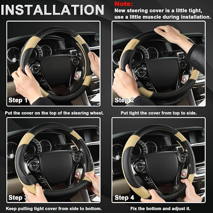 GIANT PANDA Microfiber Leather Steering Wheel Cover for Honda Accord,Civic,CR-V,HR-V,Pilot(Diamond-Pattern-Black+Beige-Standard Size)
