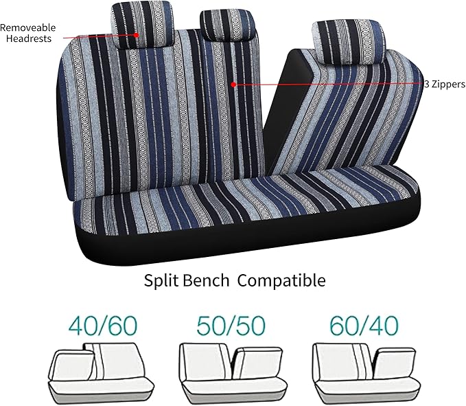 HAIYAOTIMES Baja Saddle Blanket Car Seat Covers Full Set with Seat Belt Pads, Washable Breathable Seat Covers for Cars, Universal Fit Interior Covers for Most Sedan Truck SUV, Airbag Compatible, Blue