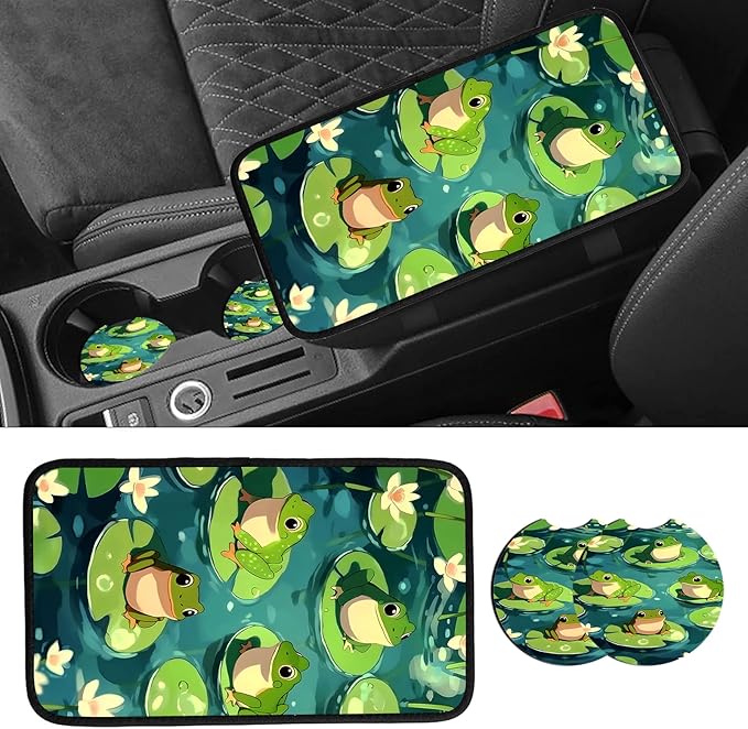 JANENFNA Car Armrest Cover Pads Universal Fashion Cute Auto Center Console Armrest Cover Pad with 2PCS Car Coasters Soft Waterproof Car Armrest Seat Protector for Women,Cute Frog on Lotus Leaf a