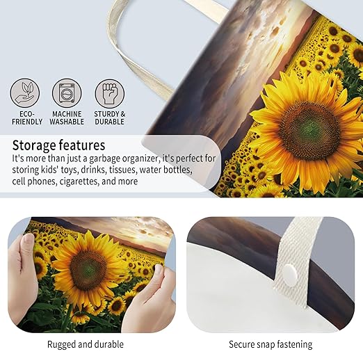 AUEKLLW Car Trash Can, Hanging Garbage Bin for Men and Women, Cute Car Organizer and Storage Bag, Canvas Vehicle Trash Can Bag Easy-to-Install Luxuious Sunflowers