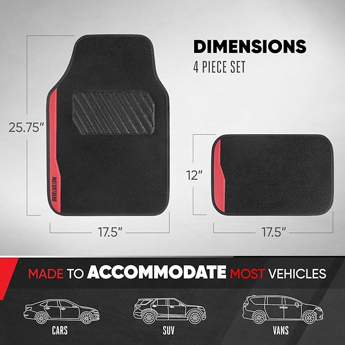 Motor Trend SpeedSeries Carpet Car Floor Mats Set - Versatile Fit for Cars, Trucks, SUVs, Vans Red Trim Racing Design Car Mat Full Set Tapetes para Carro - Set of 4, Black & Red Car Carpet Mats