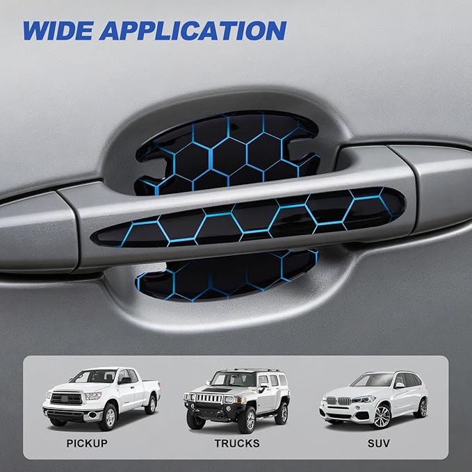 8 Pcs Car Door Handle Sticker, 3D Honeycomb Pattern Car Door Cup Protector, Universal Anti Scratches Auto Doors Handle Protective Film (Black Blue)