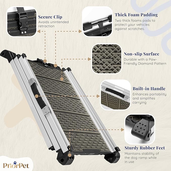 Dog Ramp for Car - Stable Anti-Slip Dog Car Ramp for Large Dogs - 63" Long & 15" Wide - 250LBS Capacity - Telescoping Pet Ramp - Lightweight - Reflective Sides - Fixing Clip - Shadow Gray