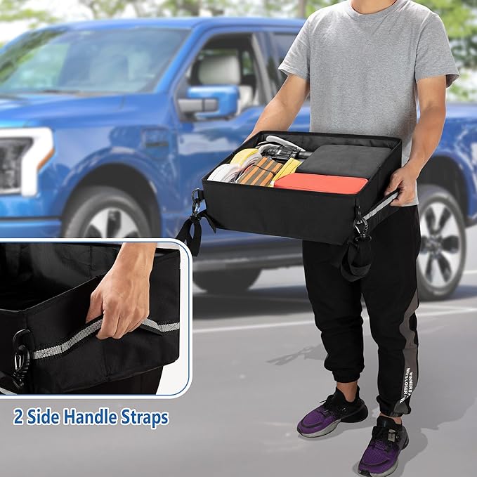 Under Seat Storage Fit for SuperCrew Cab, Foldable Truck Organizers and Storage Box Under Rear Seat For Single Seat with Removable Bottom Plate, 2 Side Handles and Hook Snap Fix Strap, Black