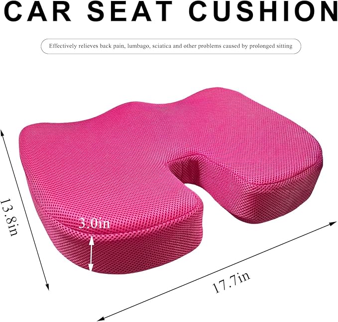 Car Seat Cushion, Memory Foam Cushion for Tailbone Pain & Sciatica Relief, Ergonomic Seat Cushion Comfortable Chair Relief Pillow for Car Office Wheelchair, car Accessories (Rose Red, Mesh)