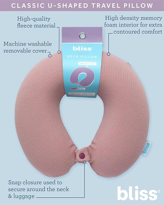Bliss Neck Pillow - Lightweight U-Shaped Memory Foam Travel Neck Pillow with Snap Closure for Airplanes, Traveling, Offices, Cars, Pink Sweater Knit