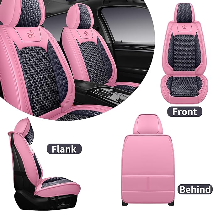 HighnessHwoo Luxury Car Seat Covers Full Set, Breathable Faux Leather Car Seat Protector, Dog Child Kids Summer Ventilated Seat Cushion for Front & Back Seats, Universal (Pink Black, 5 Seats)