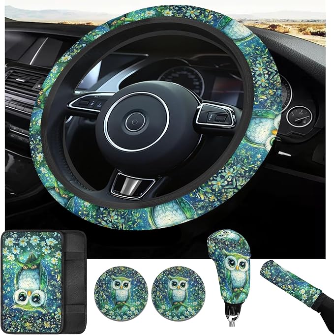 Galaxy Night Owl Car Steering Wheel Cover Set 6 Pcs Animal Owl Print Cup Holder Armrest Pad Gear Shift Cover,Car Handbrake Covers Auto Accessories for Men Women