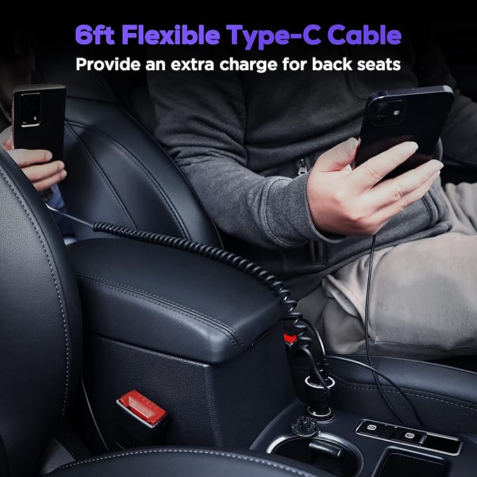 Car Charger USB C, 75W Metal 3-Port Super Fast Car Charger Adapter PD & QC3.0 Built-in 6ft Type C Coiled Cable for Samsung Galaxy S22/21 iPhone iPad Pro Pixel Android Phones