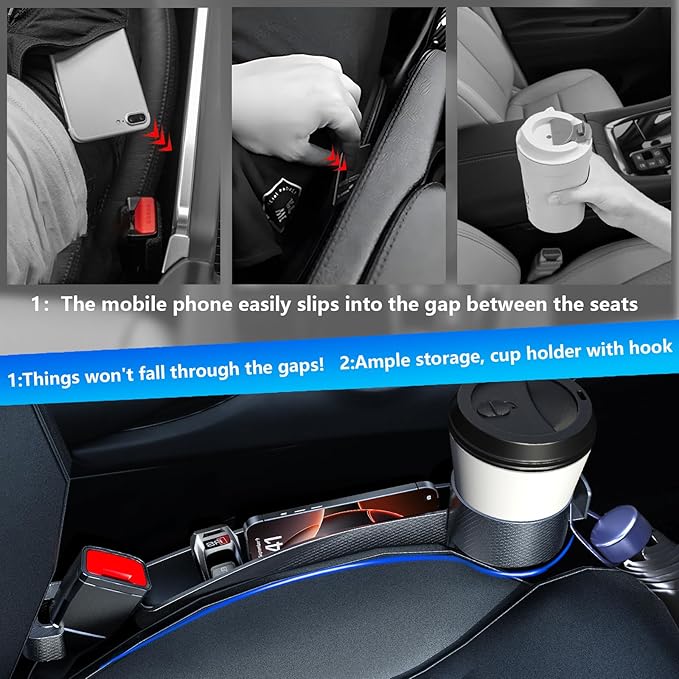 Seat Gap Filler Compatible with Mazda CX-5.Deeper Than Standard Retail Models(7.5cm)|Added Cup Holder (2 Fixed Points) + Hooks + Charging Cable Port |2pcs Black| Free Window Break Hammer 1pcs|