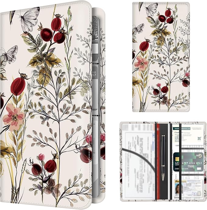 BAUCIWLD Premium Car Registration and Insurance Card Holder, Cute PU Leather Car Document Holder, Vehicle Glove Box Car Organizer with Magnetic Closure for Driver License, Cards Vintage Red Florals