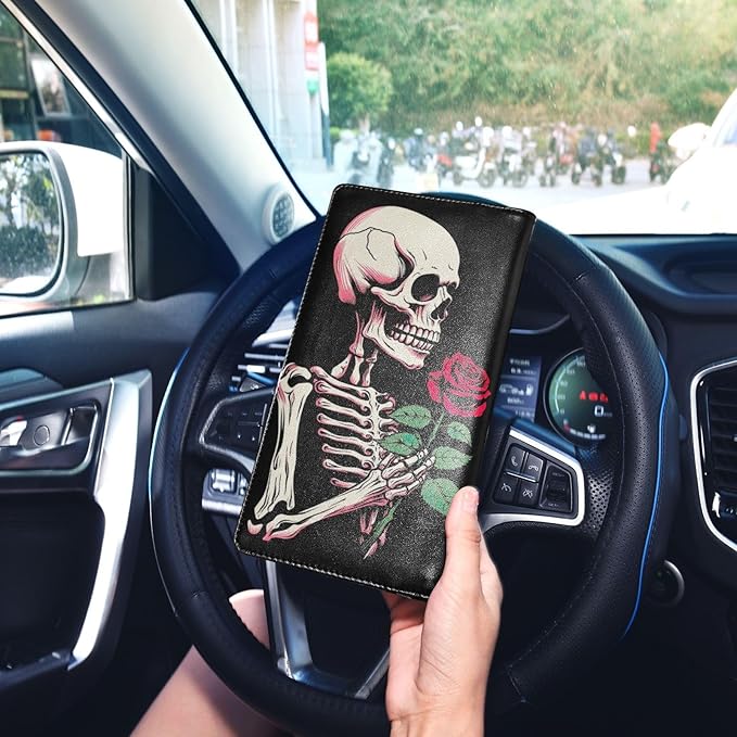 Gothic Skull Pink Rose Car Registration and Insurance Holder Vehicle Glove Box Organizer Car Accessories Wallet Case for Women Men 202a1364