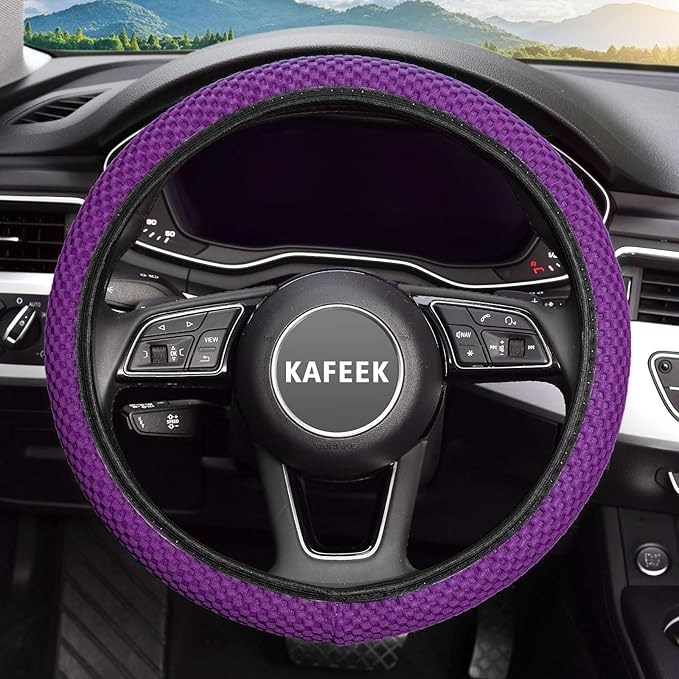 KAFEEK Elastic Stretch Steering Wheel Cover 15 Inch, Breathable Ice Silk Microfiber, Non-Slip Grip, Warm in Winter and Cool in Summer, Odorless, Car Accessories Fit Cars, SUVs, Purple