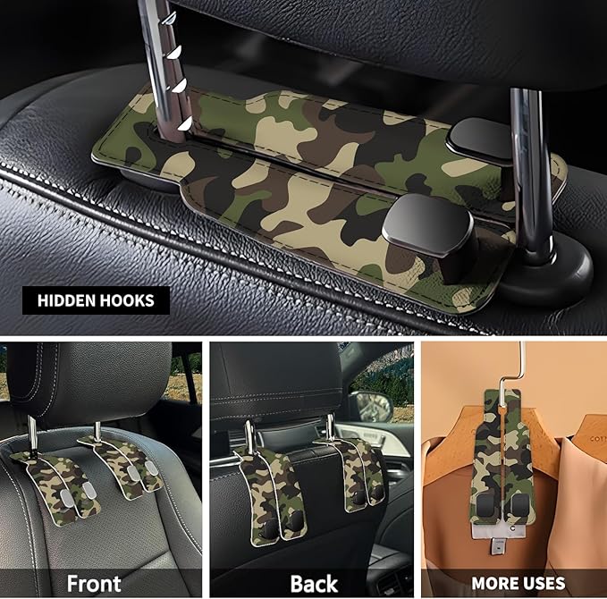 NUGGHU Car Seat Headrest Hook, Universal Leather Cute Hanger Holder Hook, Storage Organizer Interior Accessories for Purse Bags Handbag Green Camouflage