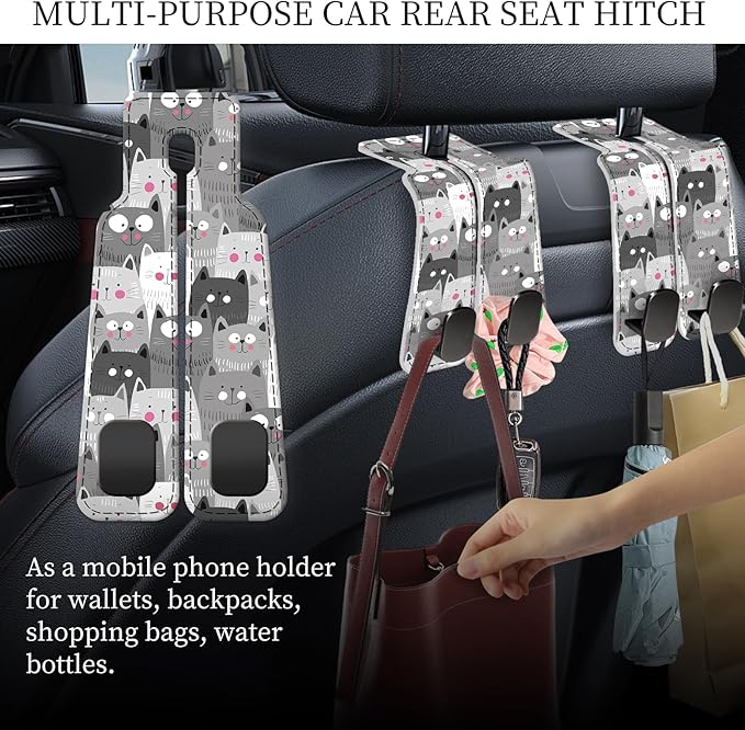 AXRQLSU PU Leather Car Seat Hook, Storage Headrest Hanger, Cute Car Backseat Organizer, Car Hooks For Purses and Bags Grey Cartoon Cats