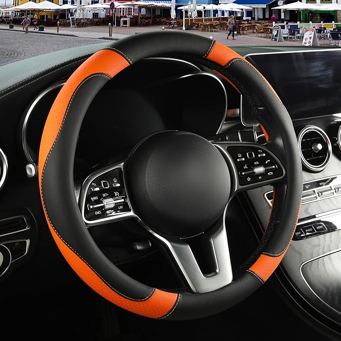 Binsheo Microfiber Leather Steering Wheel Cover, Breathable, Anti Slip, 13.5 inch to 14 inch, Black with Orange