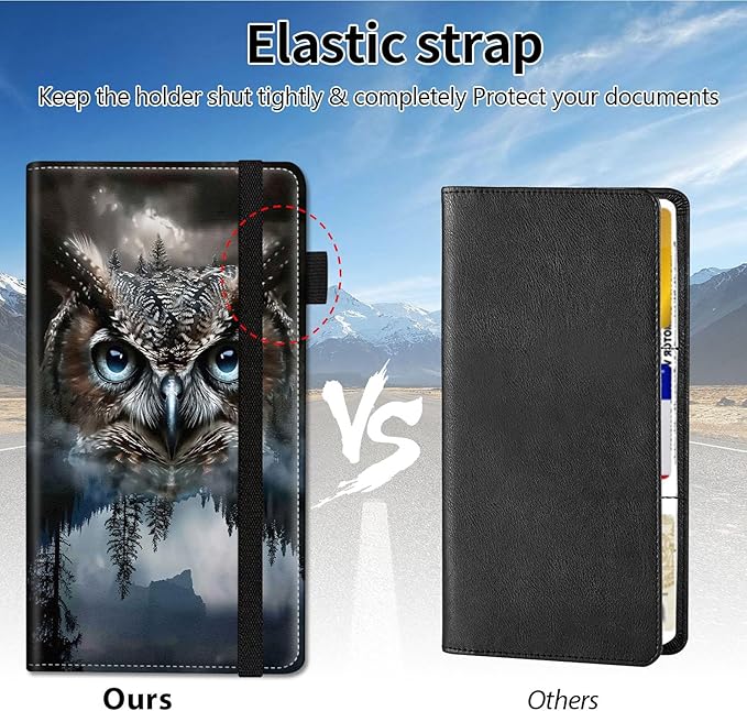 Qindaiwen Car Registration and Insurance Holder, Vehicle Card Document Elastic Band Closure Glove Box Organizer, Driver License Cards, Car Accessories for Essential Info, Owl
