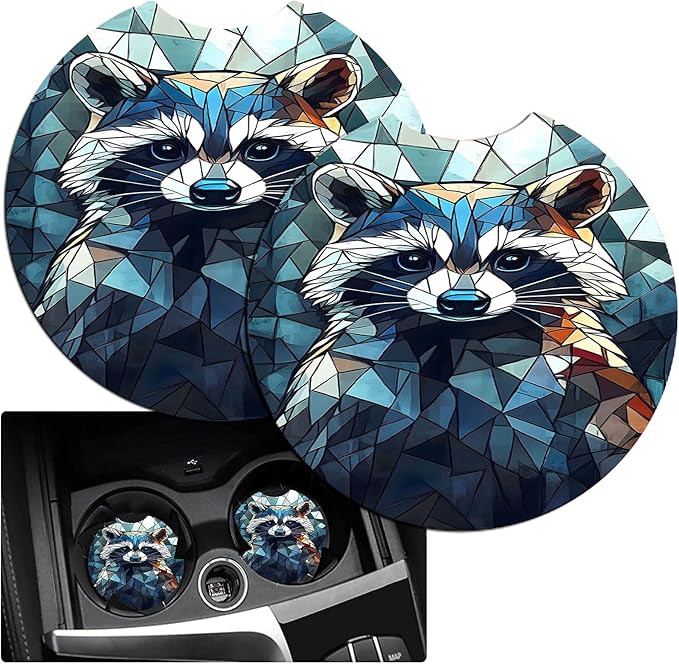 JANENFNA Car Armrest Cover Pads Universal Fashion Cute Auto Center Console Armrest Cover Pad with 2PCS Car Coasters Soft Waterproof Car Armrest Seat Protector for Women,Colored Glass Raccoon