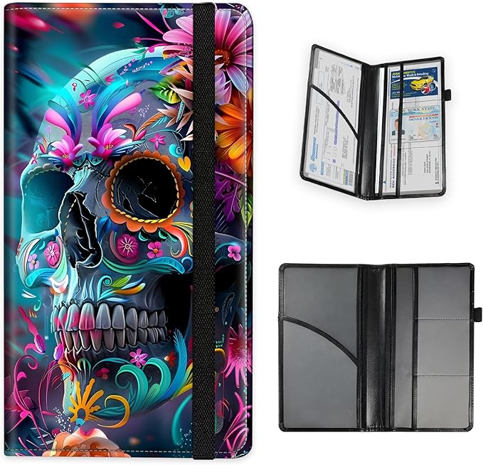 Tudguiloae Car Registration and Insurance Card Holder, Trunk Document Holder Organizer, Essential Vehicle Glove Box Organizer PU Leather Wallet for Driver,Garden Skull