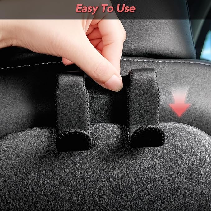 Car Seat Hooks for Tesla Model Y(Juniper) Model 3(Highland), Leather-Wrapped with Stainless Steel Core & Handmade Stitching, Purse Hanger Bag Holder, Automotive Seat Back Organizers (Black-2 Pack)