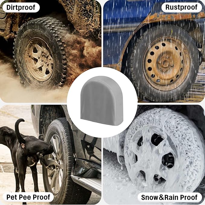 OutdoorLines Outdoor Waterproof Tire Covers Set of 4 - UV-Proof Trailer Wheel Cover Windproof Tire Protector for RV Jeep Trailers Camper Van Truck, Universal Tire Covering Fits Diameters 27"-29", Gray