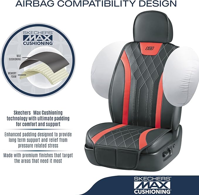 Skechers MAX Cushioning Car Seat Covers,Memory Foam Leather Car Seat Protectors, Airbag Safe Waterproof Sideless Front Seat Covers with Storage Pocket,Universal Fit for Cars Trucks SUV, Red 2PCS