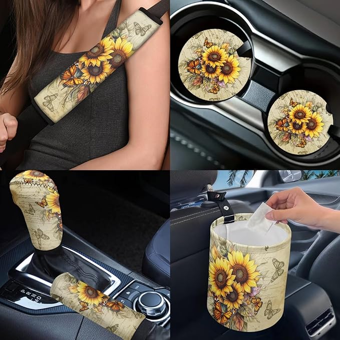 Dngkaoje Sunflower Butterfly Car Seat Cover Full Set for Front and Back,13 Pcs Automotive Accessories Set Vintageul Sunflowers Print Armrest Cover Protector,Seat Belt Pads,Handbrake Shift Covers